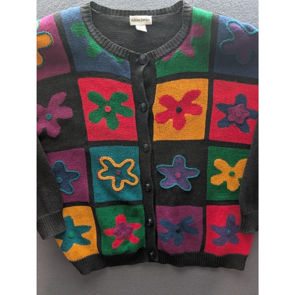 Vintage Adrian Jordan Floral Patchwork Cardigan Sweater Black Multi 3X Plus